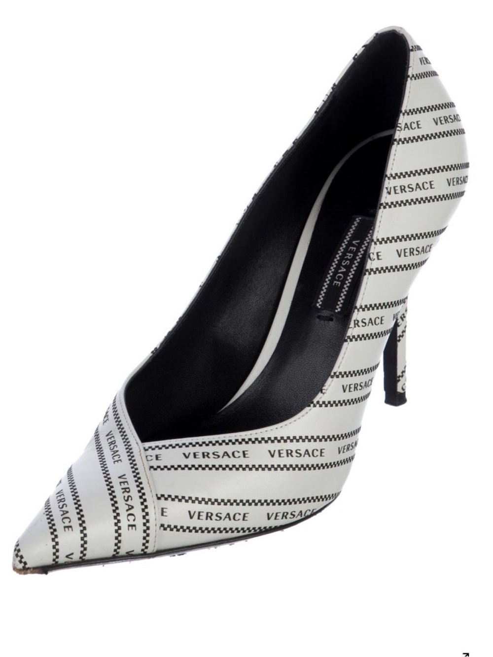 Versace Black-and-White Logo-Striped Pointed Toe Pump